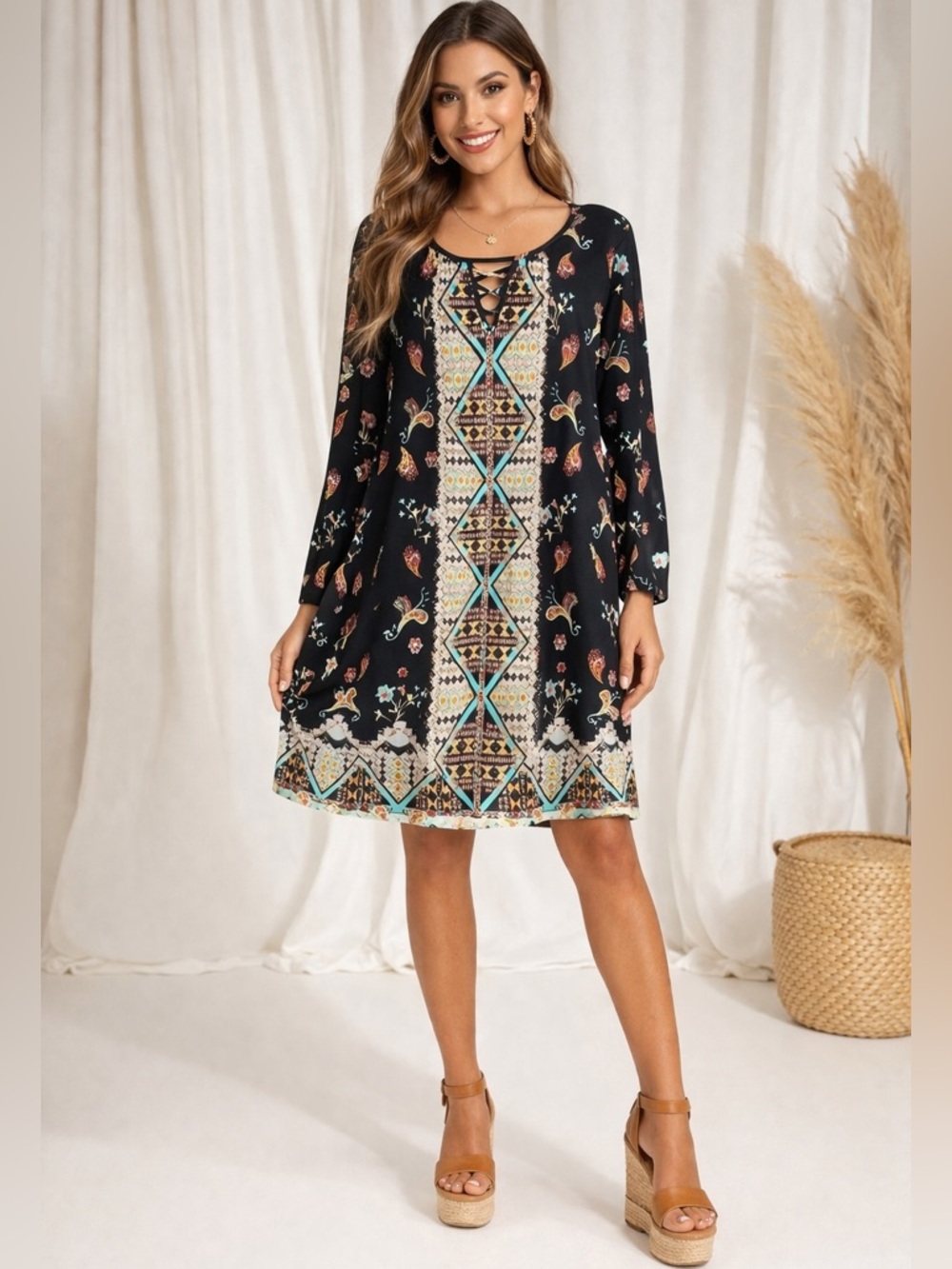 New Direction Boho Tribal Print 3/4  Bell Sleeves Sz. Med.